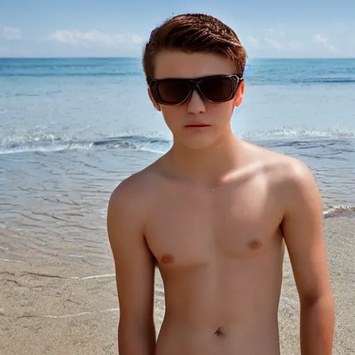 Prompt: portrait of a teenage boy with natural brown hair, pale skin, sunglasses, shirtless. detailed face. beach background.