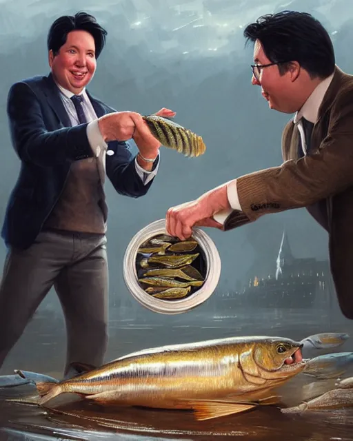 Image similar to j k rowling & michael mcintyre holding a ring pull can of sardines, elegant, real life skin, intricate, high detailed, artstation, concept art, smooth, sharp focus, art by artgerm and greg rutkowski