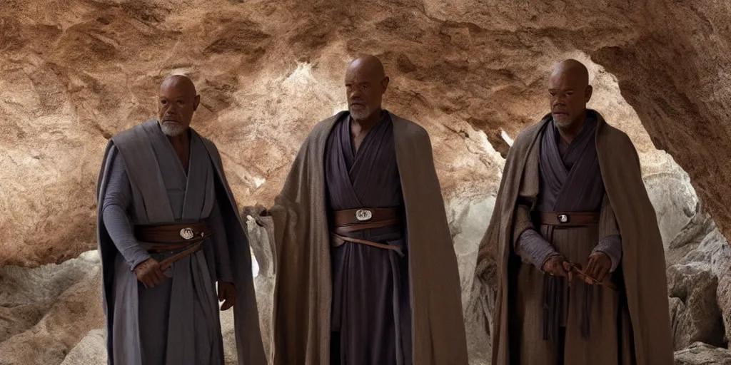 Image similar to obi - wan kenobi disney plus show, played by ewan mcgregor finds and discovers old mace windu is alive in a cave played by samuel l jackson, greet eachother, side by side, old friends, ultra realistic, 4 k, movie still, uhd, sharp, detailed, cinematic, render, modern