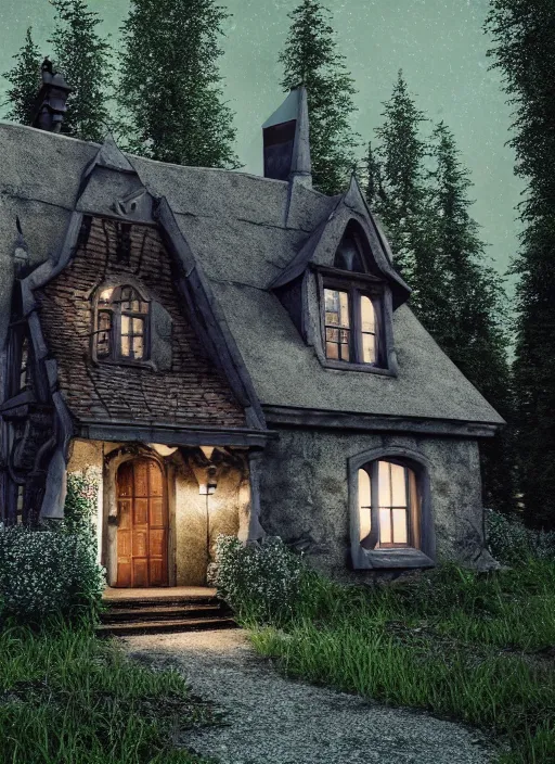 Image similar to hyper realistic homely ornate witch cottage architectural, in the woods gorgeous lighting, blue sky, highly detailed, lush forest architectural render, octane render, ue 5 raytraced