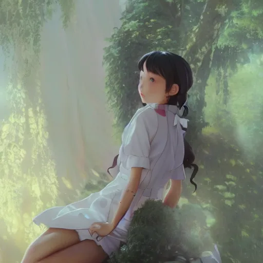 Image similar to a young woman in maid uniform by Stanley Artgerm Lau, WLOP, Rossdraws, Guweiz, Marc Simonetti, Studio Ghibli, krenz cushart, pixiv, background by James Jean and gustav klimt and John Marshall Gamble, 4k, volumetric lighting, french nouveau, trending on artstation, octane render, hyperrealistic