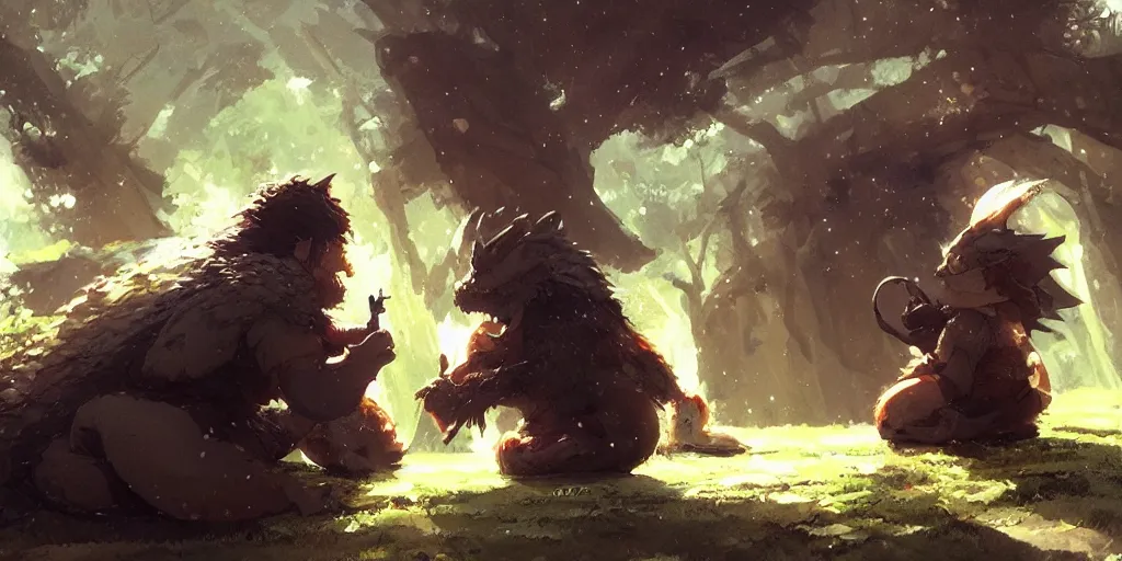 Image similar to a dwarf and his small pet dragon drinking a beer together | sharp contrast | by greg rutkowski makoto shinkai takashi takeuchi studio ghibli