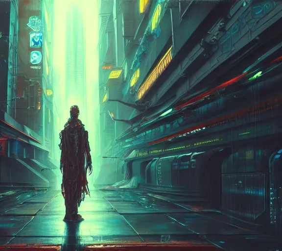 Image similar to a painting of a cyberpunk netrunner, street level, oil on canvas in the style of (Gustave Doré), 4k, 8k, HD, trending on artstation