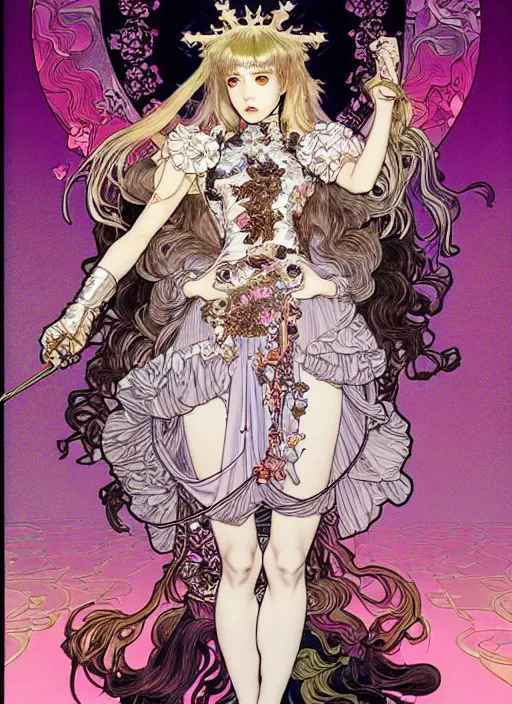 Image similar to artstation highly detailed terada katsuya ayami kojima manga poster of princess mechine, rainbow gradient reflection, long hair, armor, dress, laces, ruffles, 8 k, maximalist,, jump comics, tomer hanuka, alphonse mucha