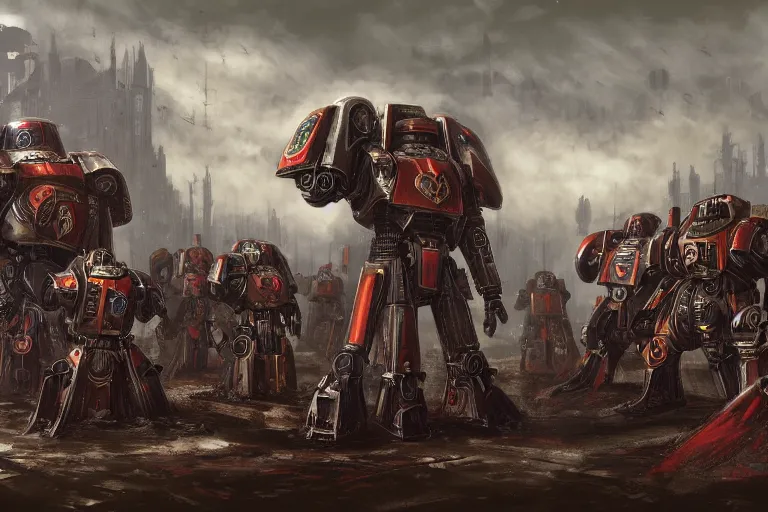 Prompt: matte painting of Adeptus Mechanicus legion, by Lewis Jones, praise the omnissiah, preparing for battle, concept art, cool hue, digital painting, Warhammer 40K