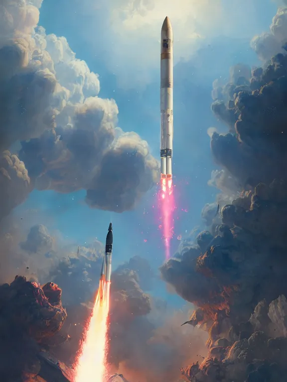 Image similar to photo of 8k ultra realistic rocket launching, nasa, clear sky, full of colour, cinematic lighting, battered, trending on artstation, 4k, hyperrealistic, focused, extreme details,unreal engine 5, cinematic, masterpiece, art by Peter Mohrbacher