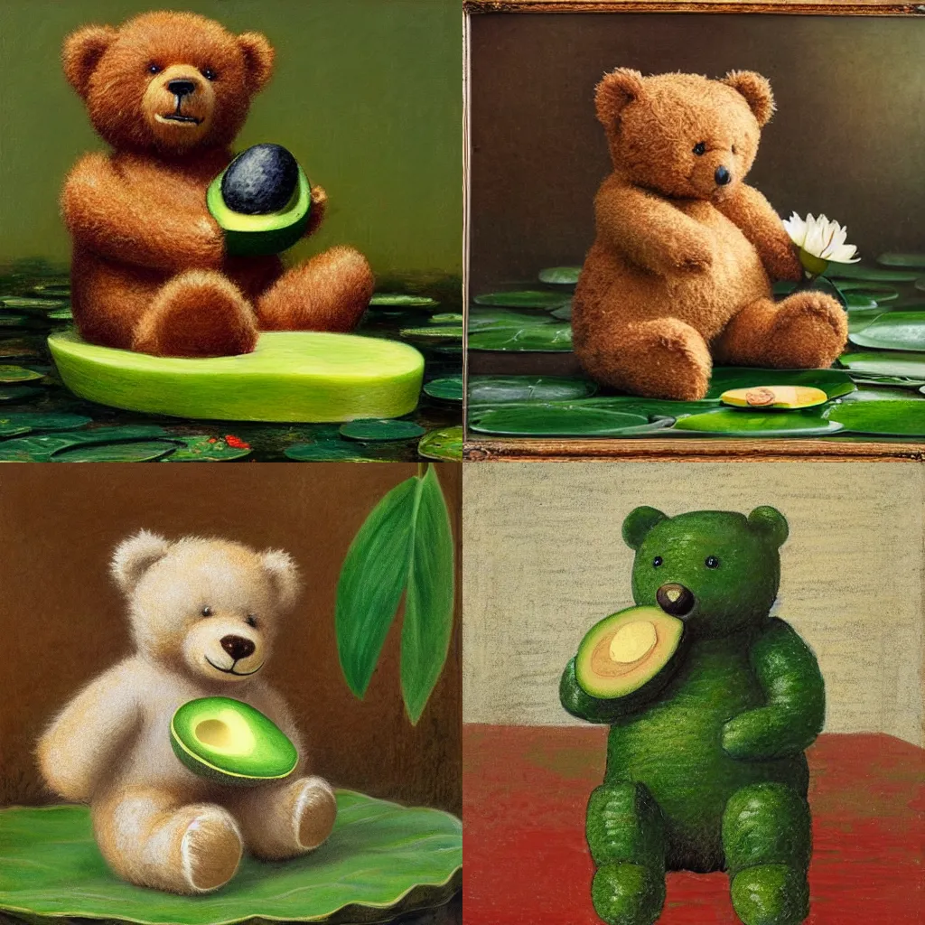 Prompt: photograph of a teddy bear eating a avocado sitting on a lily pad, impressionism, painting, 1800