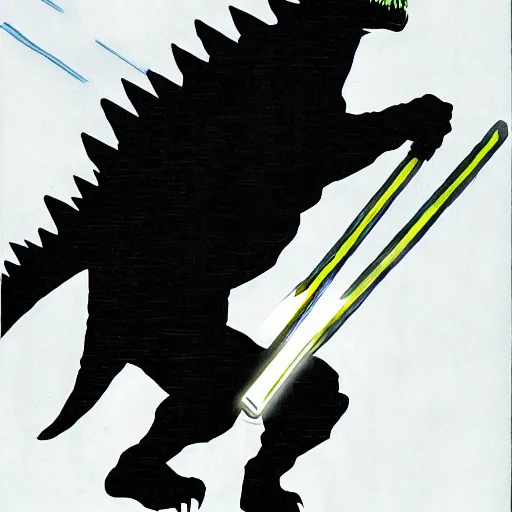 Image similar to godzilla in flowing jedi robes with a lightsaber by frank miller