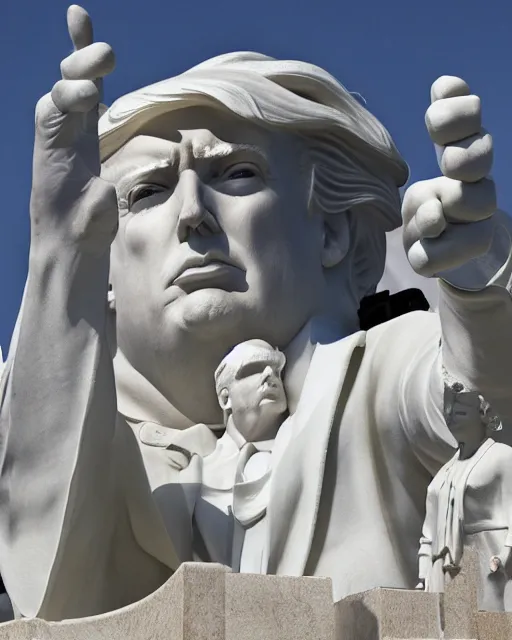 Prompt: a gigantic 400 foot tall white marble statue of president Donald trump giving his thumbs up sign, dwarfs onlookers on a beach, cinematic, post apocalyptic