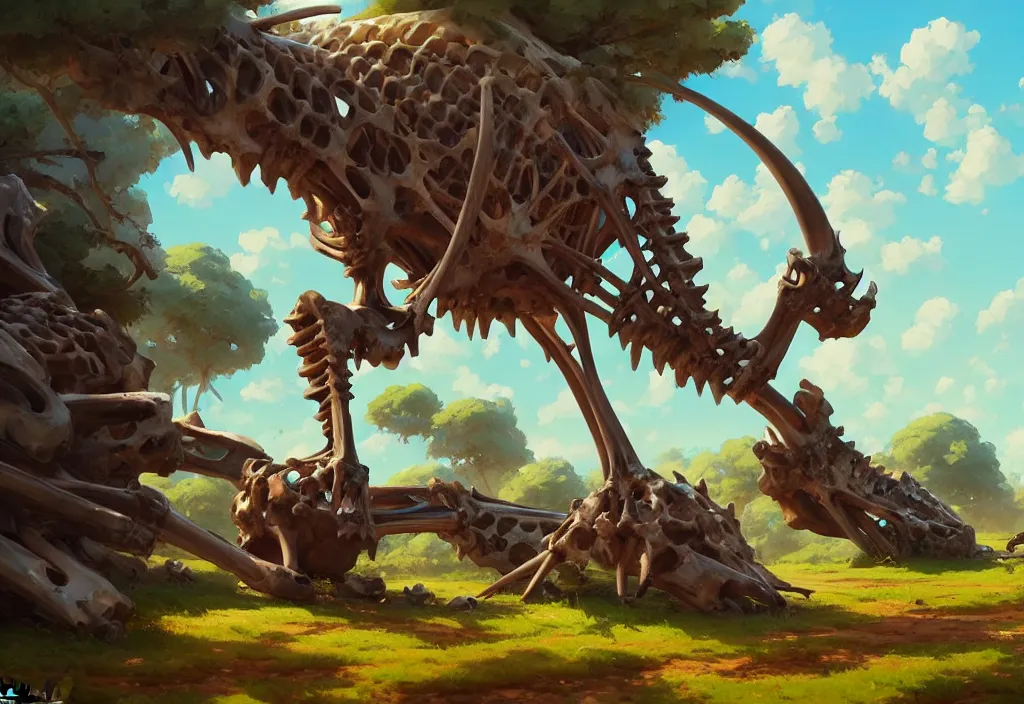 Image similar to giant animal bones in the countryside, intricate oil painting, high detail illustration, sharp high detail, manga and anime 1 9 9 9, official fanart behance hd artstation by jesper ejsing and makoto shinkai, 4 k,