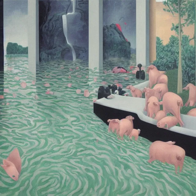 Image similar to painting of flood waters inside an apartment, emo catgirl art student, a river flooding inside, taps with running water, tangelos, zen, pigs, ikebana, water, river, rapids, waterfall, black swans, canoe, pomegranate, berries dripping, acrylic on canvas, surrealist, by magritte and monet