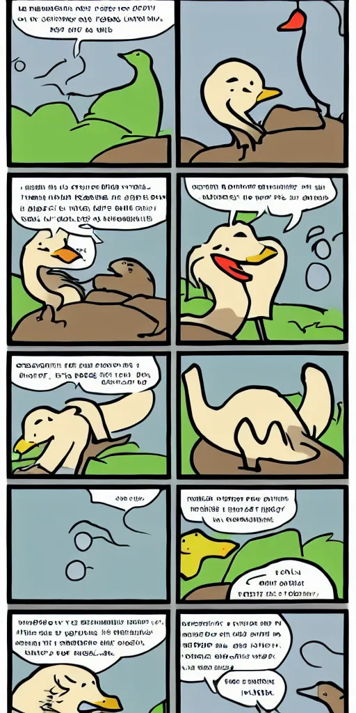 Image similar to funny high quality goose comic. 2 panel page. web toons. trending