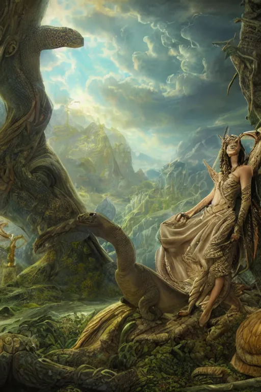 Image similar to A fantasy book style portrait painting of the Great Turtle Island at the center of the Universe, accompanied by a hybrid, Anya_Taylor-Joy, Cory Chase, Eva Green, as a Mystical Valkyrie, Anubis-Reptilian, Atlantean Warrior, François Boucher, Oil Painting, unreal 5, DAZ, hyperrealistic, octane render, Regal, Refined, Detailed Digital Art, RPG portrait, Walt Disney (1937), William-Adolphe Bouguereau, Michael Cheval, Steampunk, Volumetric Golden dappled dynamic lighting, Highly Detailed, Cinematic Lighting, Unreal Engine, 8k, HD