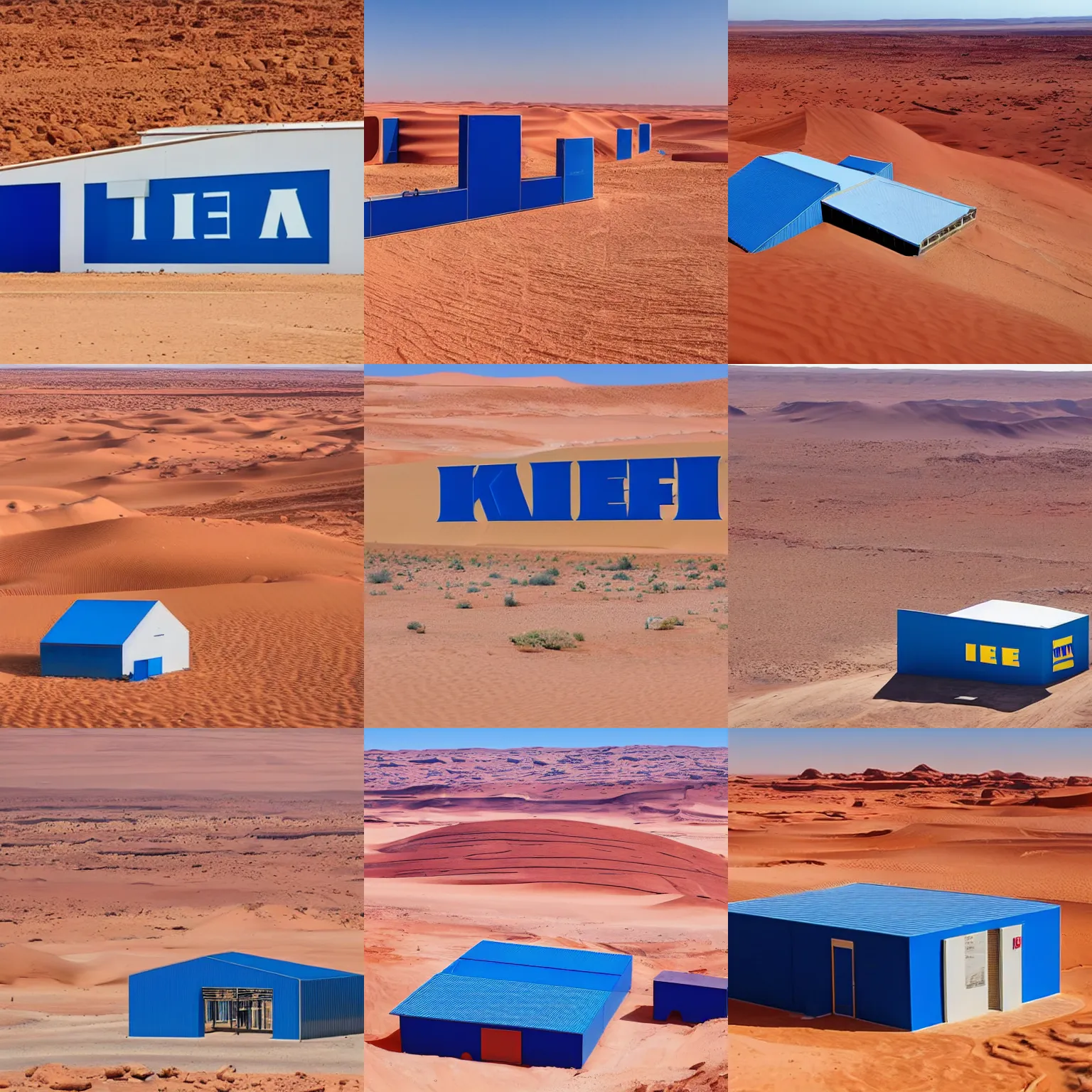 Prompt: a blue ikea store in the middle of the Sahara desert