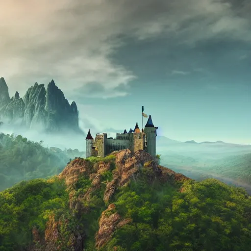 Image similar to a photo of a castle covered by nature, cinematic, very detailed, 8 k uhd, mountains in the horizon