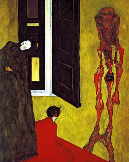 Prompt: expressionist and symbolic painting of an old dead couple sitting in a living room in an old apartment and a man is looking through a window from the outside,  Beksinski impasto painting, part by Egon Schiele and Gerhard Richter oil painting. art by Francisco Goya and Takato Yamamoto,  Francis Bacon masterpiece