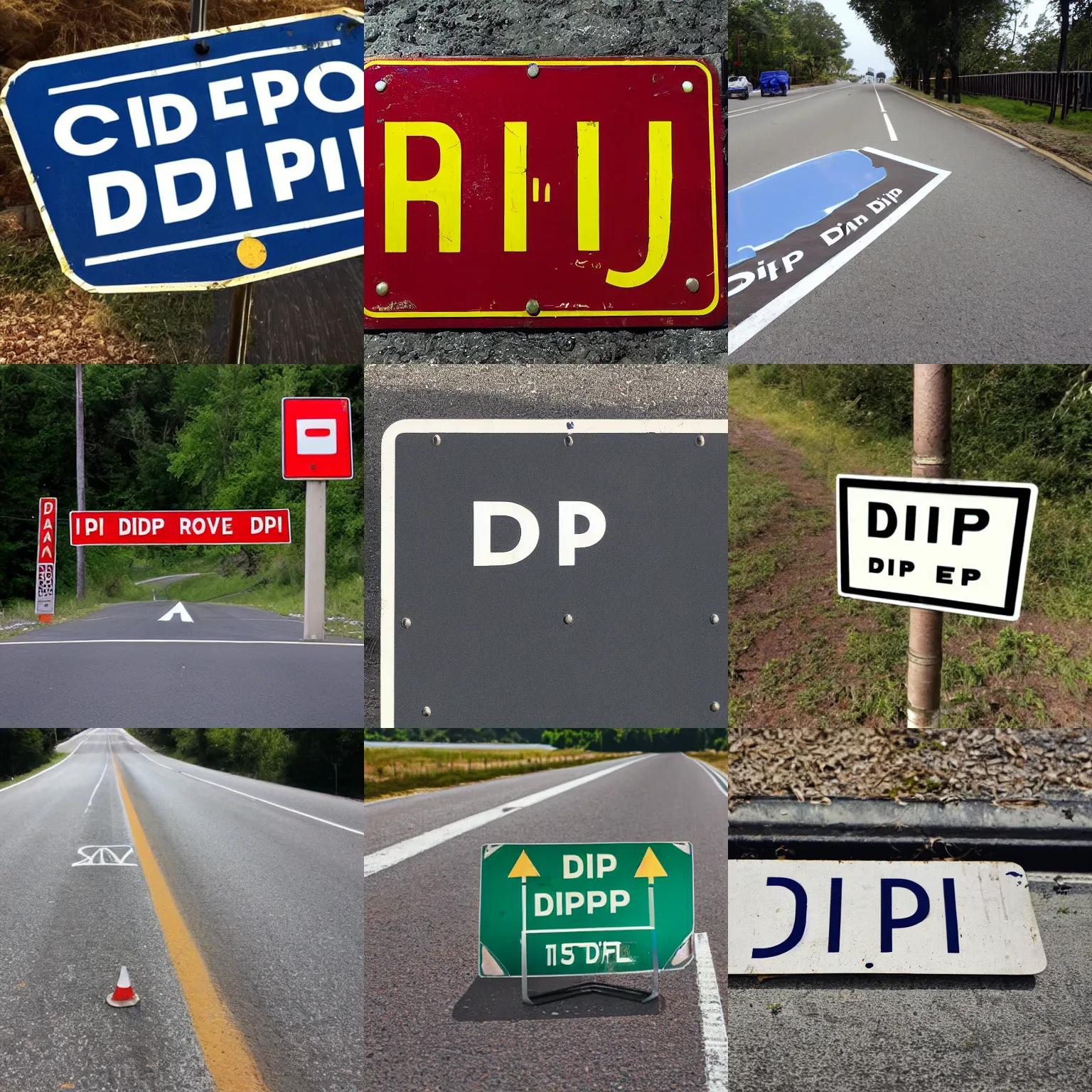 Prompt: a photo of a sign for dip in road