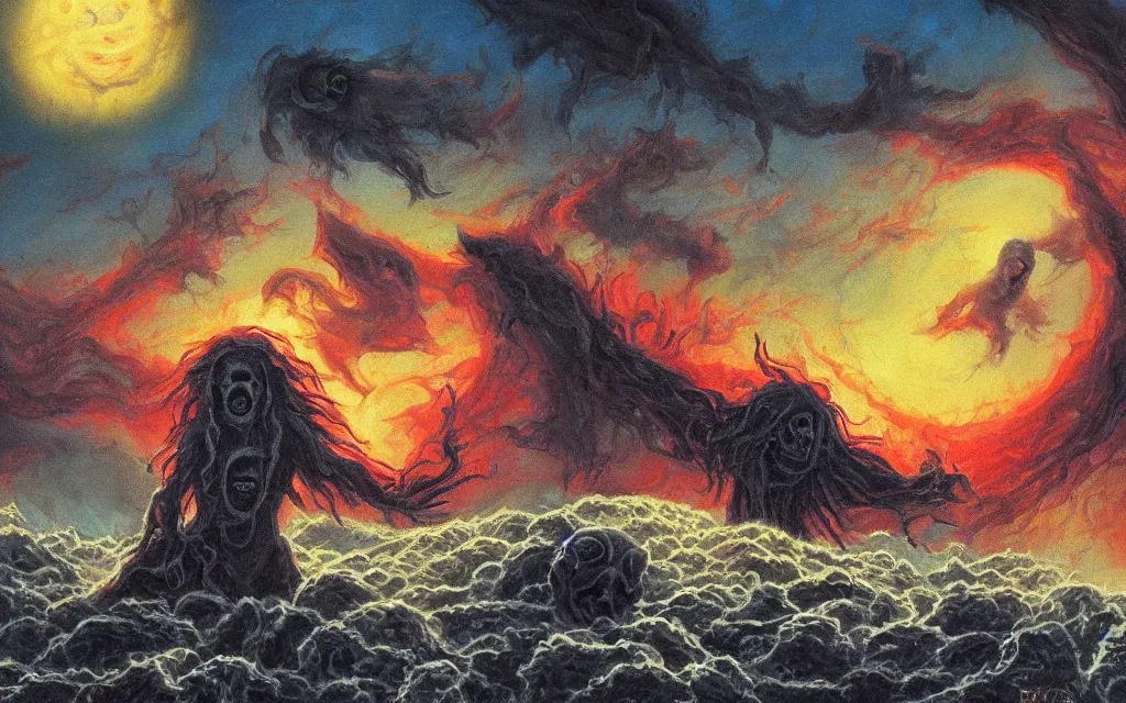 Prompt: black dead sun howling nightmare mythos dread sun of the void above the tomb wastes, award winning oil painting, dream mythos color palette