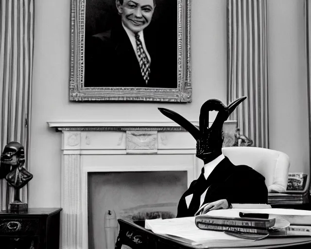 Image similar to a b-move alien lizard man wearing a suit, in the oval office, 1951, early black and white photo, cdx