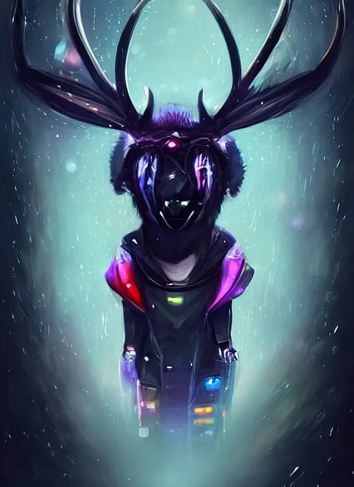 Image similar to award winning beautiful portrait commission of a male furry anthro Black Reindeer cyberpunk fursona with a tail, wings, wings, wings and a cute beautiful attractive detailed furry face wearing a crown, stylish black and rainbow galaxy clothes, outline, in a cyberpunk city at night while it rains. Character design by charlie bowater, ross tran, artgerm, and makoto shinkai, detailed, inked, western comic book art