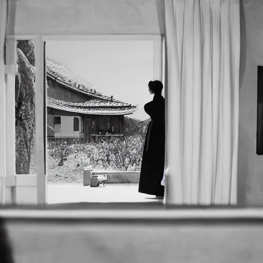 Image similar to woman in traditional hanbok waiting in living room while the shadow of a giant Kaiju-eiga starfish is behind the screen window, 35mm film still, monochrome Wes Anderson and Fritz Lang