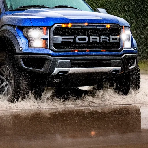 Image similar to a hyper realistic photo of the driver side of a ford raptor in a rainstorm