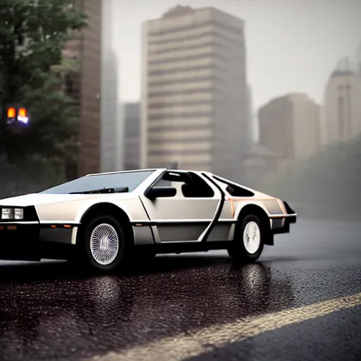 Image similar to hyperdetailed, photorealistic photograph of a dmc 1 2 delorean driving in the streets, rain, night, dense fog, hd, unreal engine 5