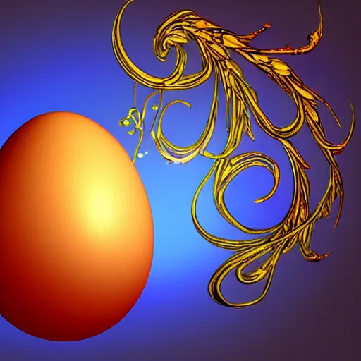 Prompt: a translucent glowing egg with swirls of red and blue emerging from the blossom of a metallic gold flower with tendrils of gold wrapping around the egg, magic eggplant, fantasy concept art