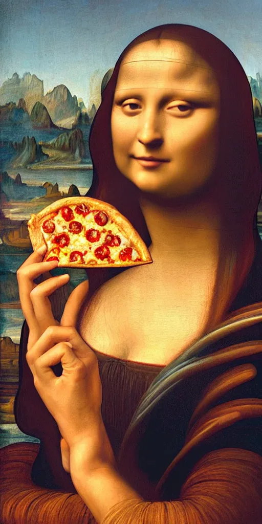 Prompt: natural light, painting of a beautiful woman holding a slice of pizza in her hands, the slice of pizza is held in mid air, near her face, in the artistic style of mona lisa