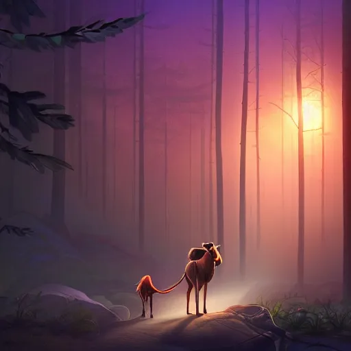 Image similar to medium shot native american with animal companion, in a dark forest, mysterious, backlit, still from a pixar dreamworks movie, trending on artstation