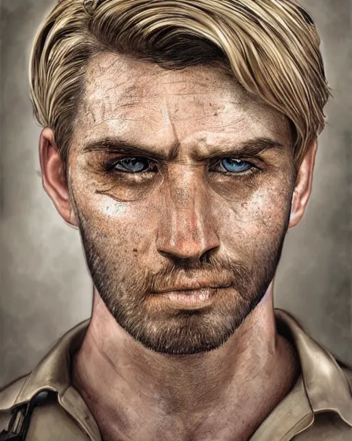 Prompt: 🥺😰 portrait of muscular, tired and alcoholic 3 0 - year - old handsome man with short darkblonde hair, serious sad look in his eyes, dirty beard, blue eyes, crying, wearing dirty soldier uniform, on the desert, hyper realistic face, beautiful eyes, character art, art by mark brooks, hyperdetailed, cryengine, trending on artstation, digital art