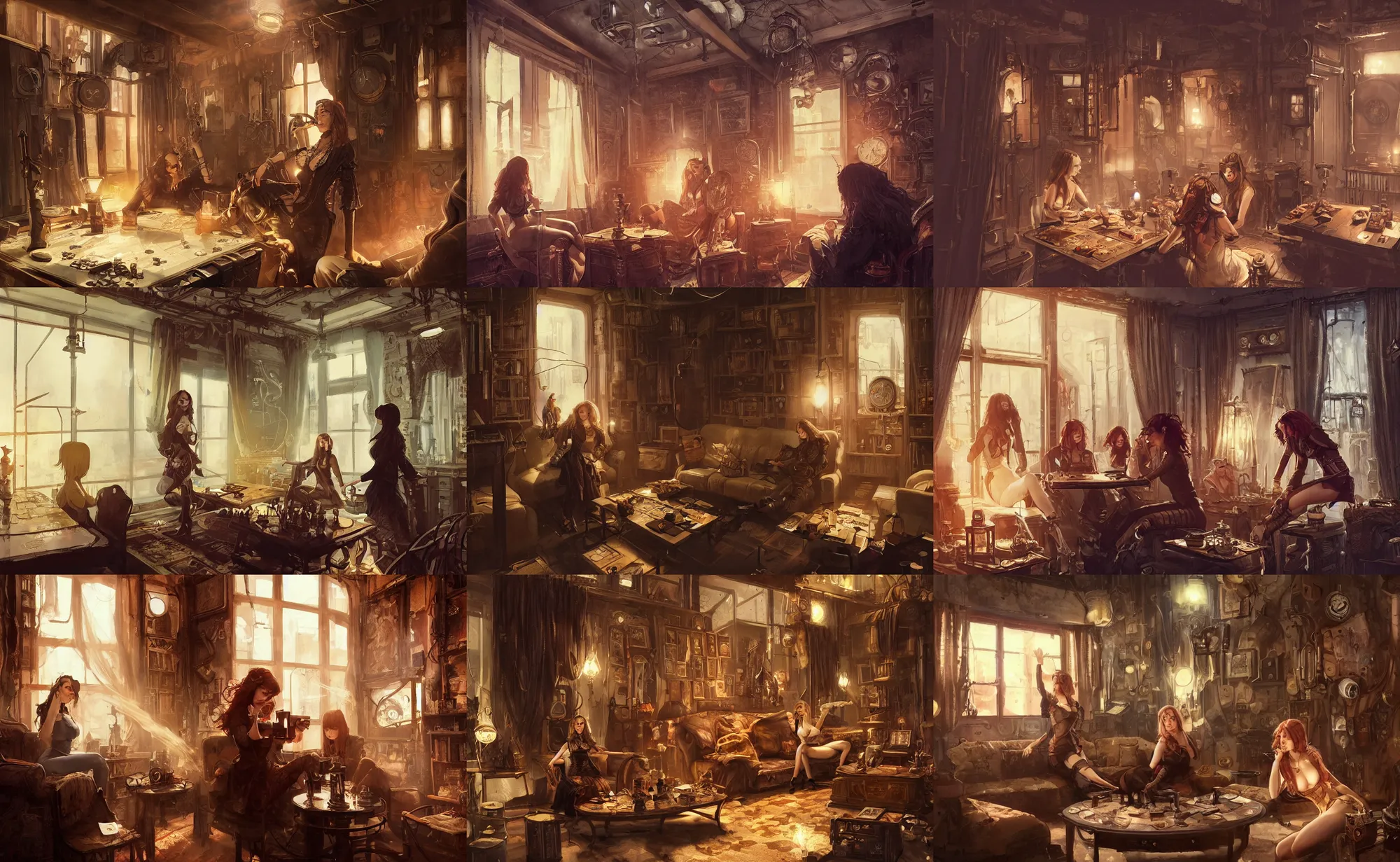 Prompt: women in the interior of a steampunk apartment, Greg Rutkowski, night time, Milo Manara, Scarlett Johanson, zoey Deschannel, smoking cigarettes, playing board games, highly detailed, Tarantino Movie Posters, level design, concept art, artstation, cgsociety, zenith view