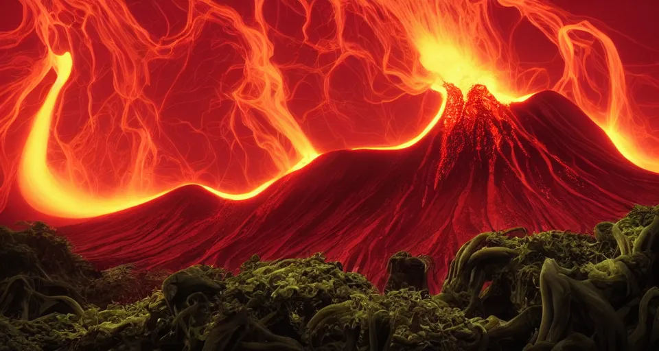 Image similar to a volcano made of ivory vines and crimson rocks enters in eruption, it spits a smoke in the shape of demonic eye, from Magic the gathering