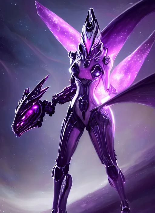 Image similar to detailed cinematic shot, cosmic sized perfectly proportioned stunning beautiful hot female warframe, detailed mecha female dragon head, metal ears purple eyes, sleek silver armor, fuschia leds, floating in empty space, nebula sized, holding a planet, epic proportions, epic size, epic scale, furry art, dragon art, giantess art, warframe fanart, furaffinity, deviantart