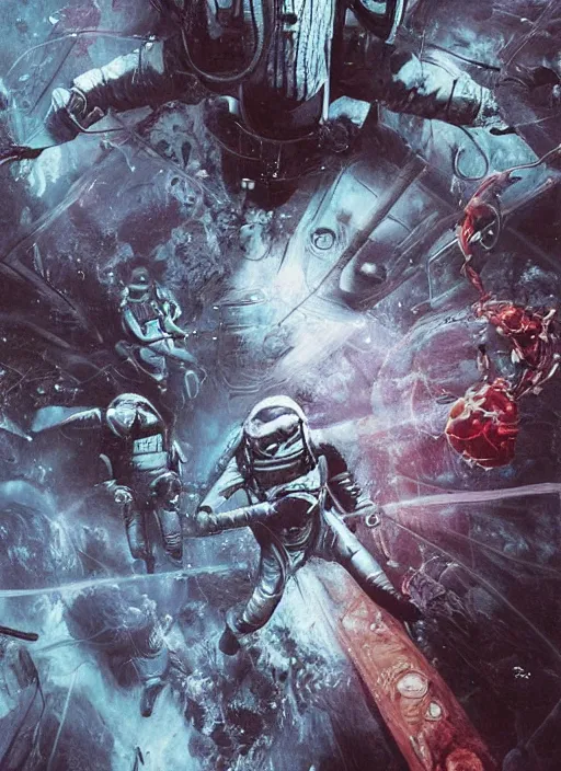 Image similar to astronauts in dark void underwater - complex and hyperdetailed technical suit. reflection and dispersion materials. rays and dispersion of light. volumetric light. f / 3 2. noise film photo. flash photography. ultra realistic, wide angle. poster by wayne barlowe, hajime sorayama aaron horkey, craig mullins