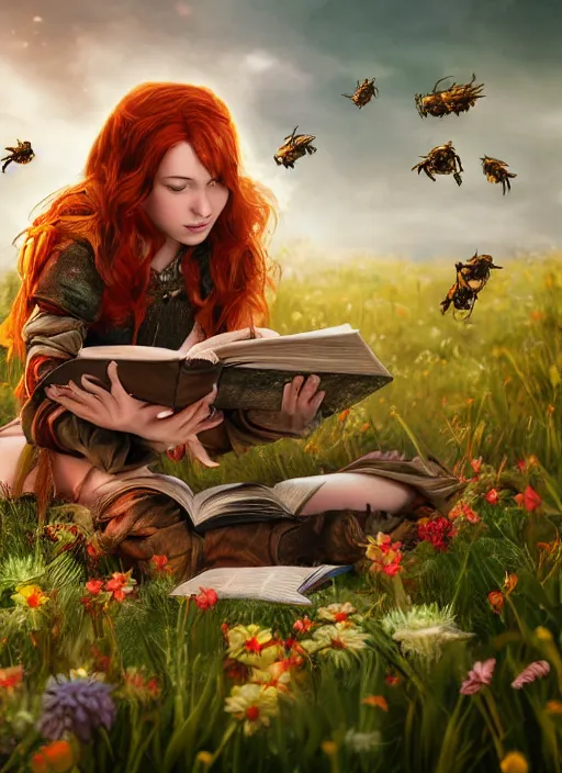 Image similar to An epic fantasy comic book style portrait painting of a young red headed girl reading a book in a field of flowers surrounded by bees in the style of the wheel of time, unreal 5, DAZ, hyperrealistic, octane render, cosplay, RPG portrait, dynamic lighting