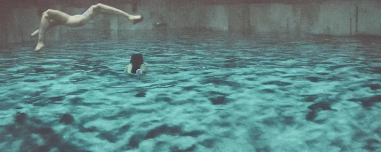 Image similar to an ultra wide colour 3 5 mm film photo of a terrifying half reptile half humanoid hybrid creature, hunting underwater in a public swimming pool, liminal spaces, ritual occult gathering, film grain