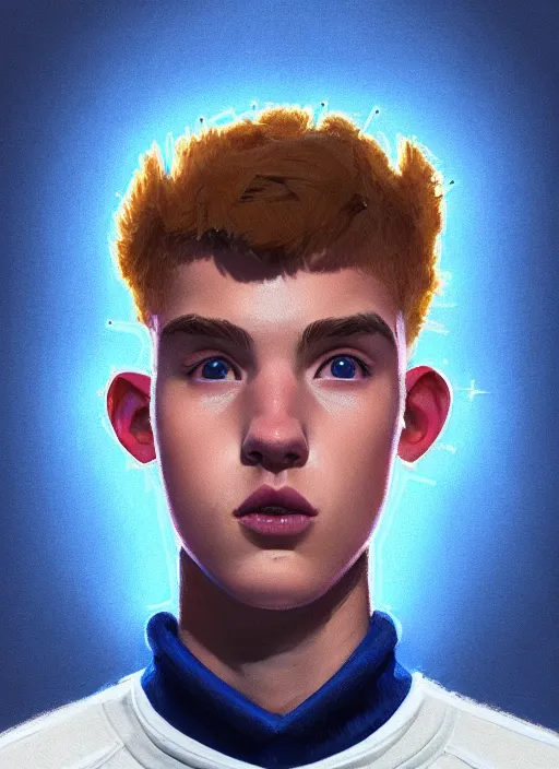 Image similar to portrait of high school senior boy named big moose, blonde short hair, jock, beefy, wide face, square jaw, square facial structure, blue varsity jacket with letter r, intricate, elegant, glowing lights, highly detailed, digital painting, artstation, concept art, sharp focus, illustration, art by wlop, mars ravelo and greg rutkowski