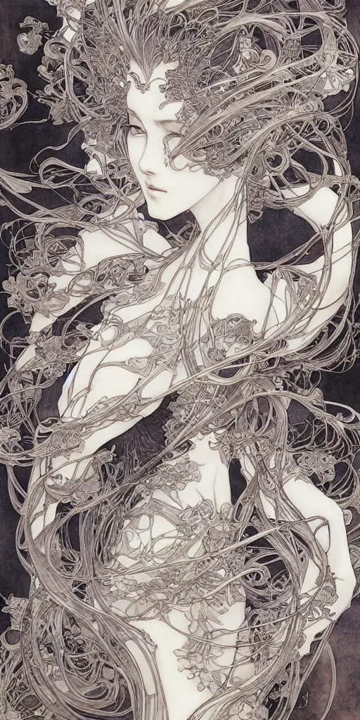 Image similar to yoshitaka amano anime painting, intricate line drawings, pen and ink, alphonse mucha, claire wendling, kentaro miura, ruan jia