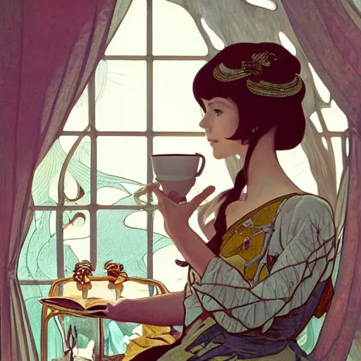 Prompt: Full body portrait of a sorceress sipping tea in her sunlit study, illustration, exquisitely detailed, Ilya Kuvshinov, Hayao Miyazaki, Kazuma Kaneko, Alphonse Mucha