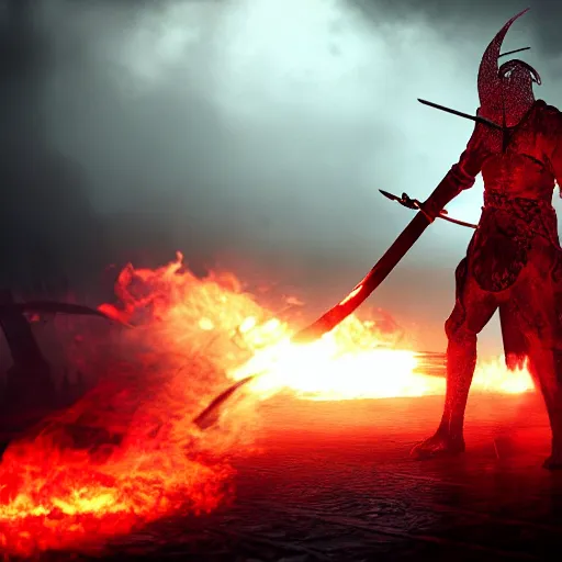 Image similar to scary knight, red light sword, covered in blood, in hell, kneeling, photorealistic, 8k, highly detailed, cinematic atmosphere