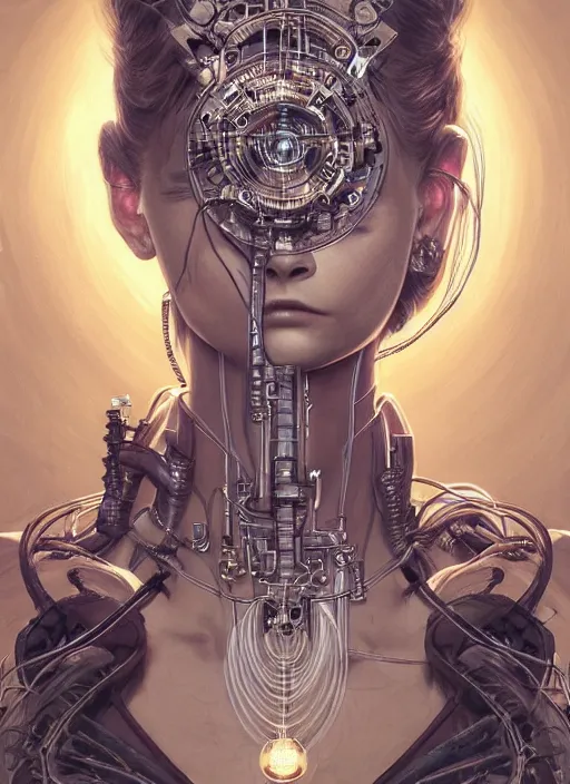 Image similar to symmetry! cara delevingne, machine parts embedded into face, tubes and cables, intricate, elegant, highly detailed, digital painting, artstation, concept art, smooth, clockwork, sharp focus, illustration, art by artgerm and greg rutkowski and alphonse mucha, 8 k