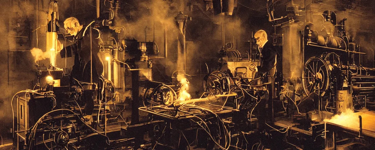 Image similar to james watt inventing the steam engine with spaghetti, canon 5 0 mm, cinematic lighting, photography, retro, film, kodachrome