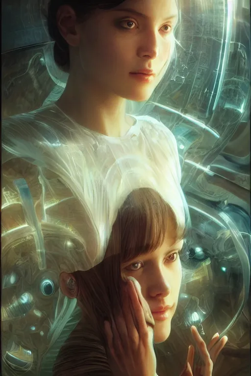 Image similar to beautiful and enigmatic ai held captive in a remote research facility. vulnerability and innocence, ultra realistic, sharp details, subsurface scattering, intricate details, warm lighting, beautiful features, highly detailed, photorealistic, octane render, 8 k, unreal engine, art by artgerm and greg rutkowski and alphonse mucha