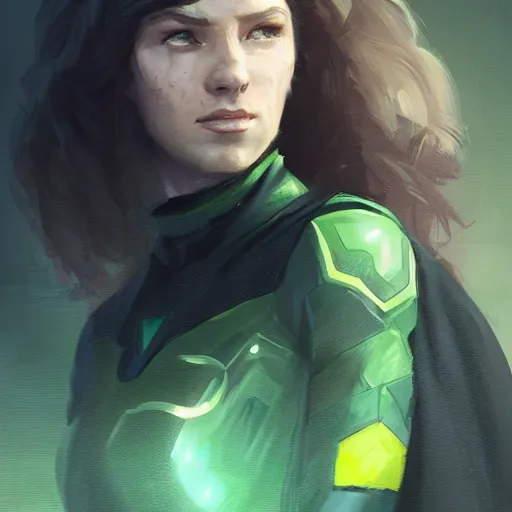 Image similar to portrait of a female superhero by greg rutkowski, she looks like thomasin mackenzie, she is wearing a black and green kevlar gear with a cape, highly detailed portrait, digital painting, artstation, concept art, smooth, sharp foccus ilustration, artstation hq