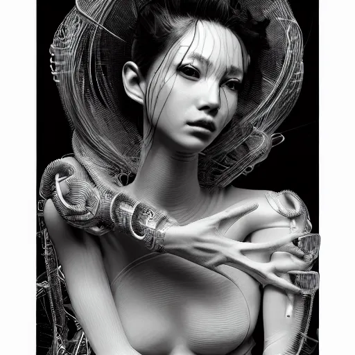 Image similar to the portrait of an absurdly beautiful, graceful, sophisticated, fashionable cyberpunk gravure idol, an ultrafine hyperdetailed illustration by kim jung gi, irakli nadar, matt wisniewski, intricate linework, neon wiring, porcelain skin, unreal engine 5 highly rendered, global illumination, radiant light, detailed and intricate environment