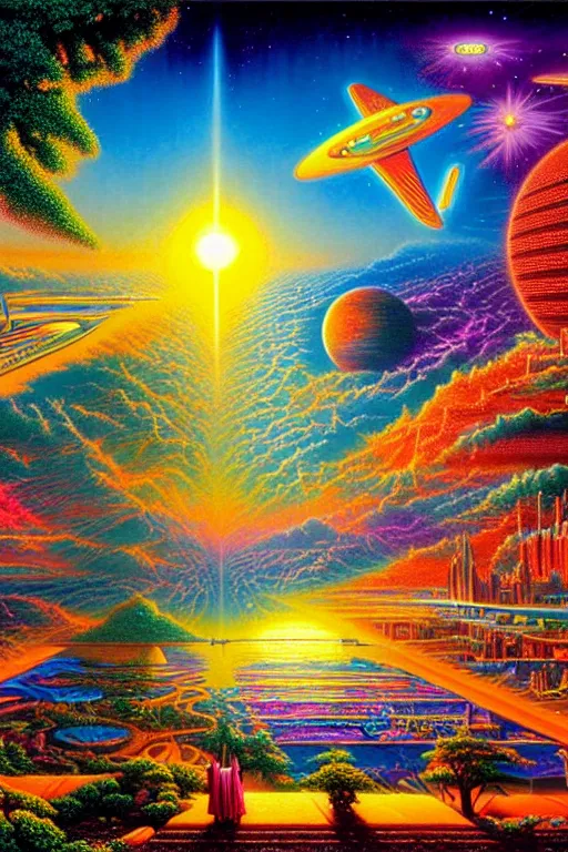 Prompt: a photorealistic detailed image of a beautiful vibrant future for human evolution, spiritual science, divinity, utopian, by david a. hardy, kinkade, lisa frank, wpa, public works mural, socialist