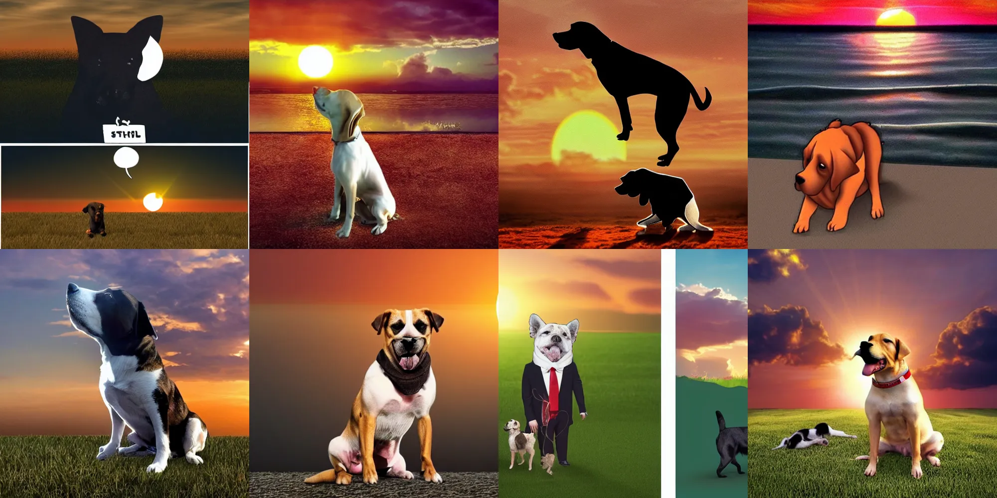 Prompt: a dog in front of setting sun, vomiting on Donald Trump, style: realistic.