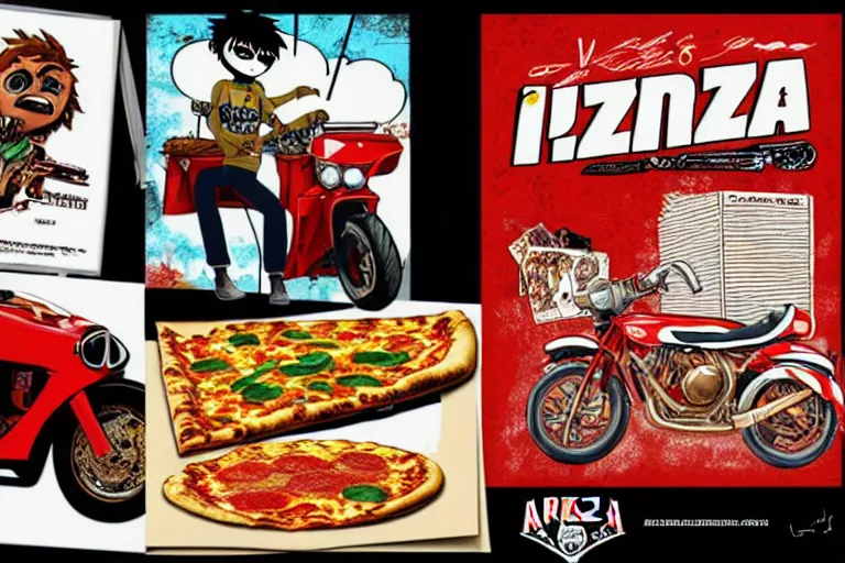 Image similar to italian pizza, akira's motorcycle, gorillaz, flyer, kid drawn