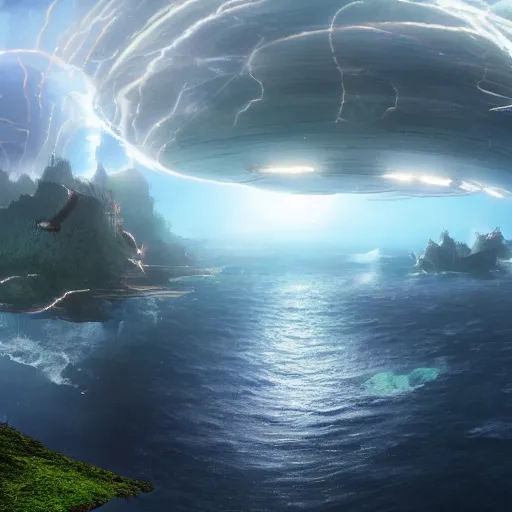 Prompt: flying islands panorama, castle in the sky, explosive storm, artstation, unreal engine